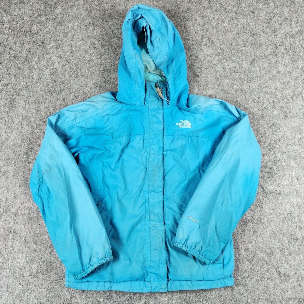 The North Face HyVent Jacket Girls M 10/12 Blue Hooded Rain Shell Hiking Outdoor